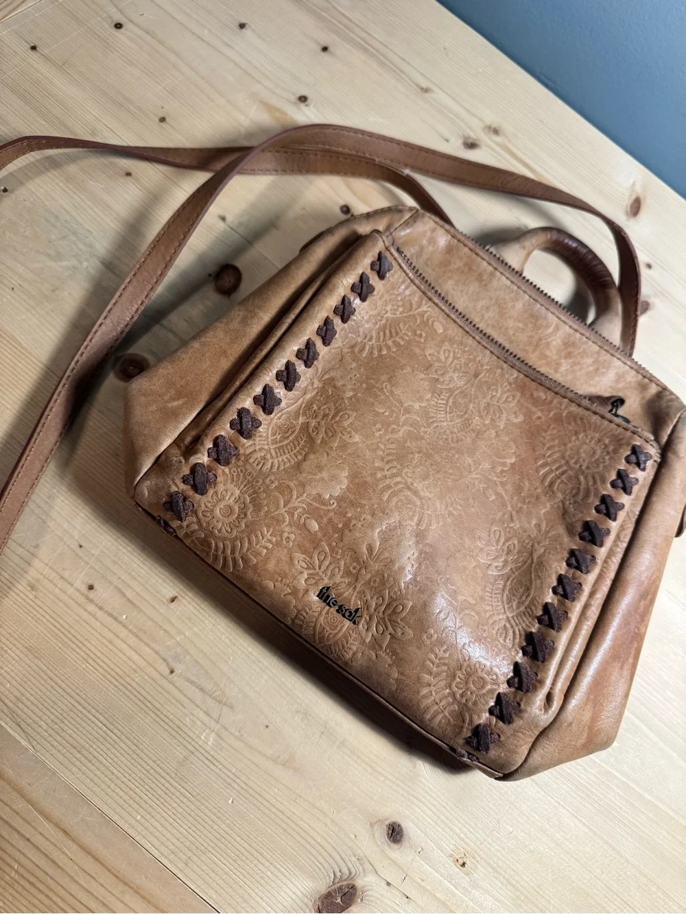 The Sak Brown Floral Embossed Zip Satchel Top Handle Detachable Strap
